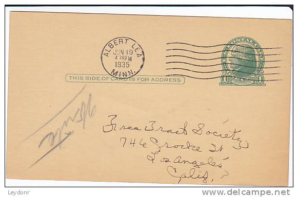 Postal Card - Thomas Jefferson - UX27 -  Free Tract Society - Albert Lea, Minn. 1935 - 1921-40