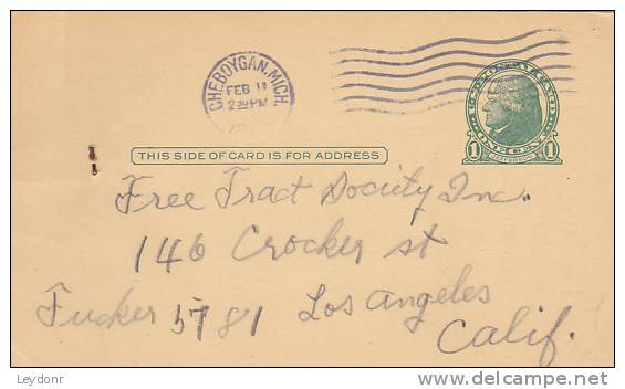 Postal Card - Thomas Jefferson - UX27 -  Free Tract Society -  Cheboygan, Mich - 1921-40