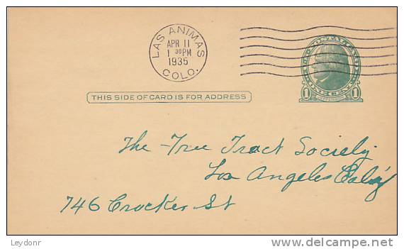 Postal Card - Thomas Jefferson - UX27 -  Free Tract Society -  Las Animas, Colorado  1935 - 1921-40