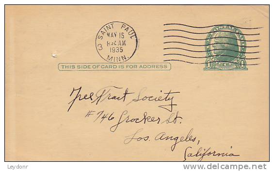 Postal Card - Thomas Jefferson - UX27 -  Free Tract Society -  Saint Paul, Minn.   1935 - 1921-40