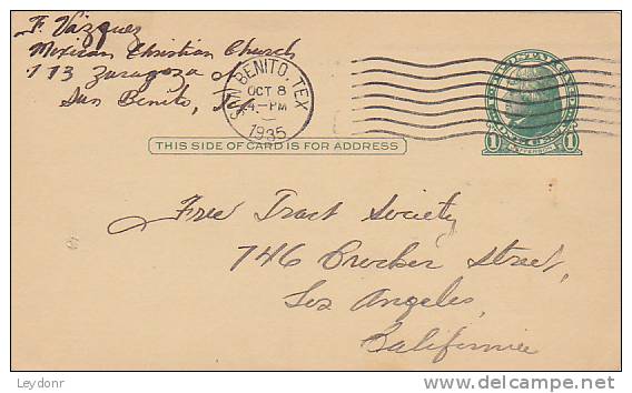 Postal Card - Thomas Jefferson - UX27 -  Free Tract Society -  San Benito, Texas  1935 - 1921-40