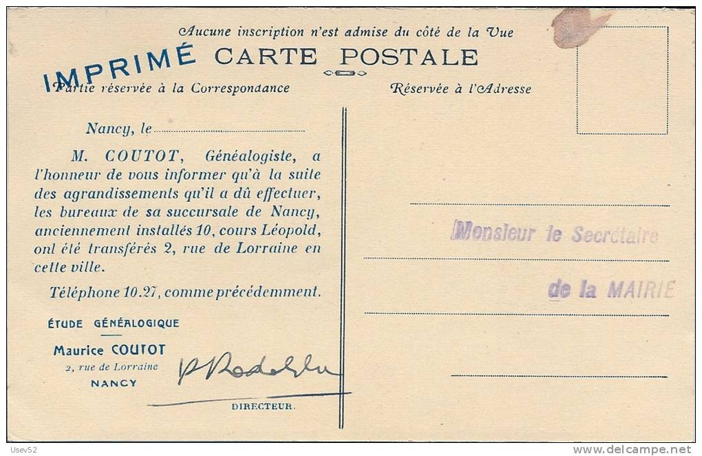 CPA Nancy - Etude Généalogique Maurice Coutot 2,rue De Lorraine - Recto Place Stanislas Une Grille De Jean Lamour - Nancy