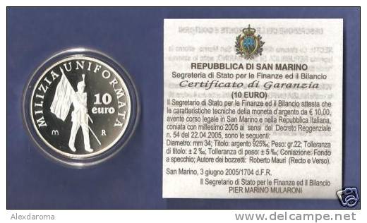 SAN MARINO 10 EURO 2005 ARGENTO PROOF MILIZIA UNIFORMATA - San Marino