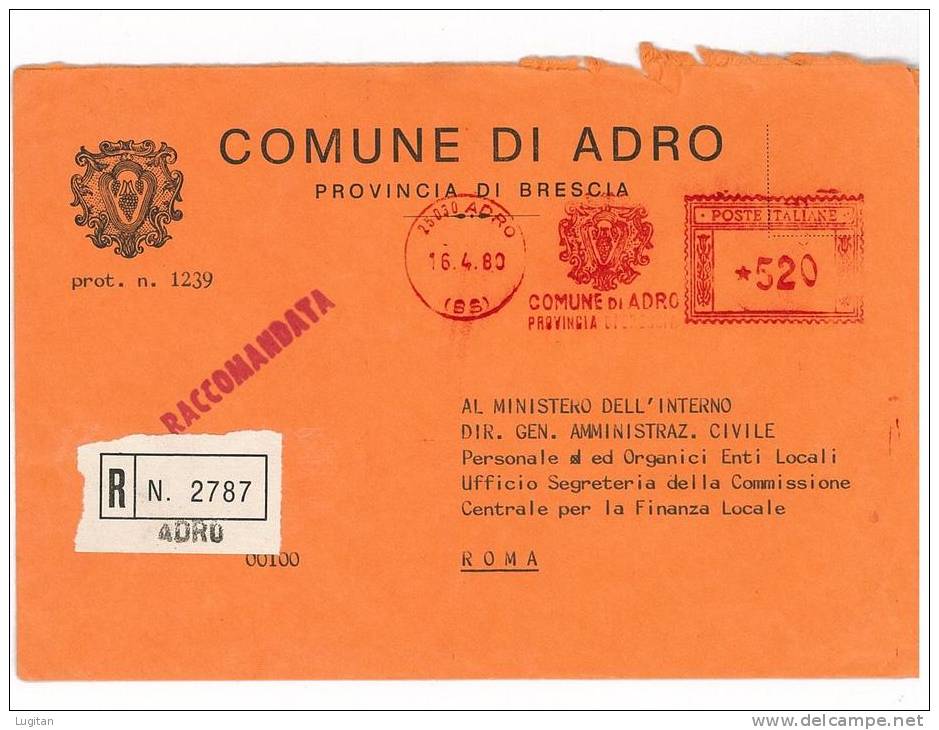 ADRO CAP 25030  PROV. BRESCIA  ANNO 1980  - BS - R - AMR - LOMBARDIA  -TEMATICA COMUNI D´ITALIA - STORIA POSTALE - Macchine Per Obliterare (EMA)