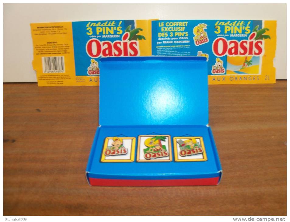 MARGERIN. PUB OASIS. Coffret Exclusif Des 3 Pin's Dessinés Pour OASIS Par Frank Margerin + Bandeau Pub Oasis Aux Oranges - Pin's