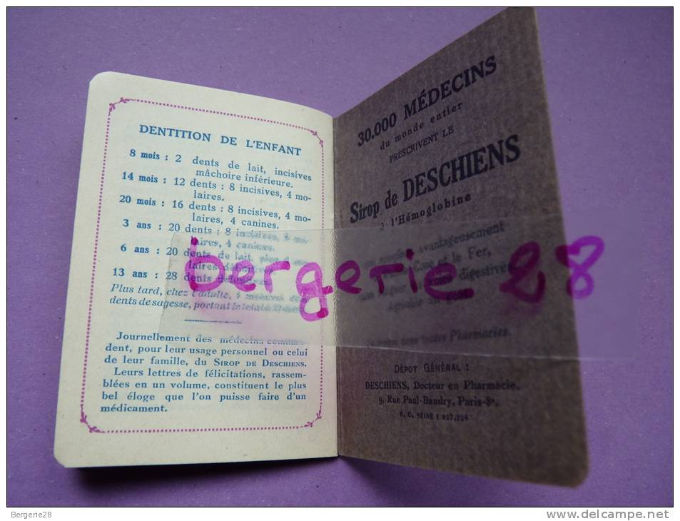 Petit Agenda 1926 Publicité Sirop DESCHIENS 30 000 Médecins...SUPERBE Poids Et Taille Enfants, Dentition, Conseils... - Small : 1921-40