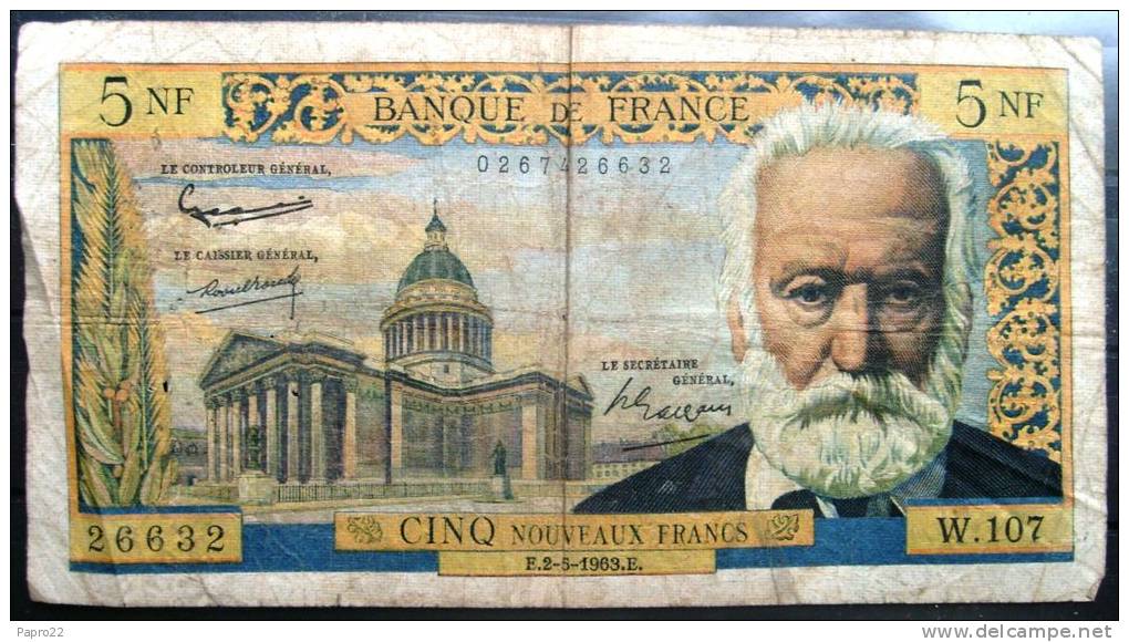 Billet 5 Nouveaux Francs Victor Hugo Très Usagé - 5 NF 1959-1965 ''Victor Hugo''