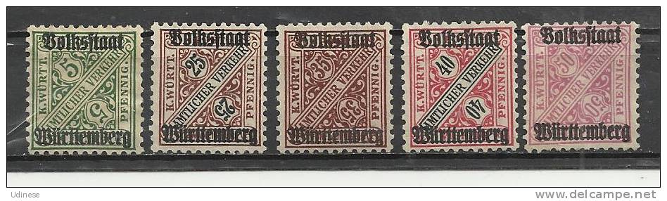 GERMANY WURTTEMBERG 1919 - SERVICE - OVERPRINTED. - LOT OF 5 DIFFERENT - UNUSED WITHOUT GUM - Ungebraucht