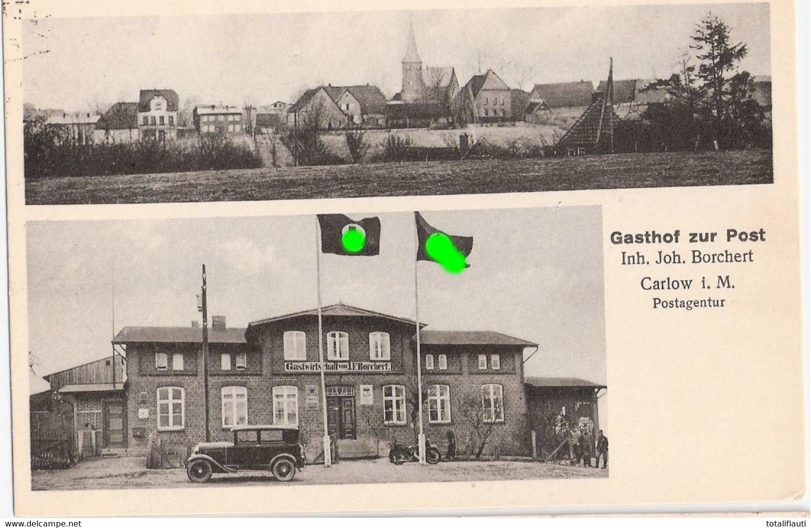 Carlow Gasthof Zur Post Joh. Borchert Oldtimer Hakenkreuz + RAD Fahne 1938 Gelaufen M Ortsstempel CARLOW über SCHÖNBERG - Gadebusch