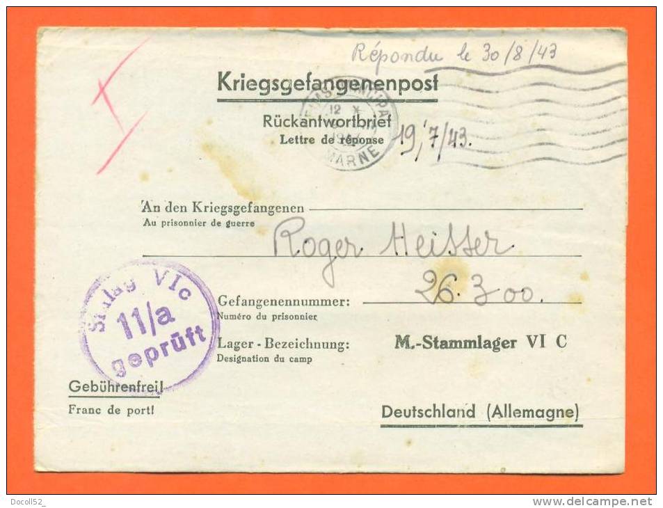 Carte Correspondance Prisonniers De Guerre - Lettre -  1943 Stalag VIC 11/a  -  Chalons Sur Marne - WW II