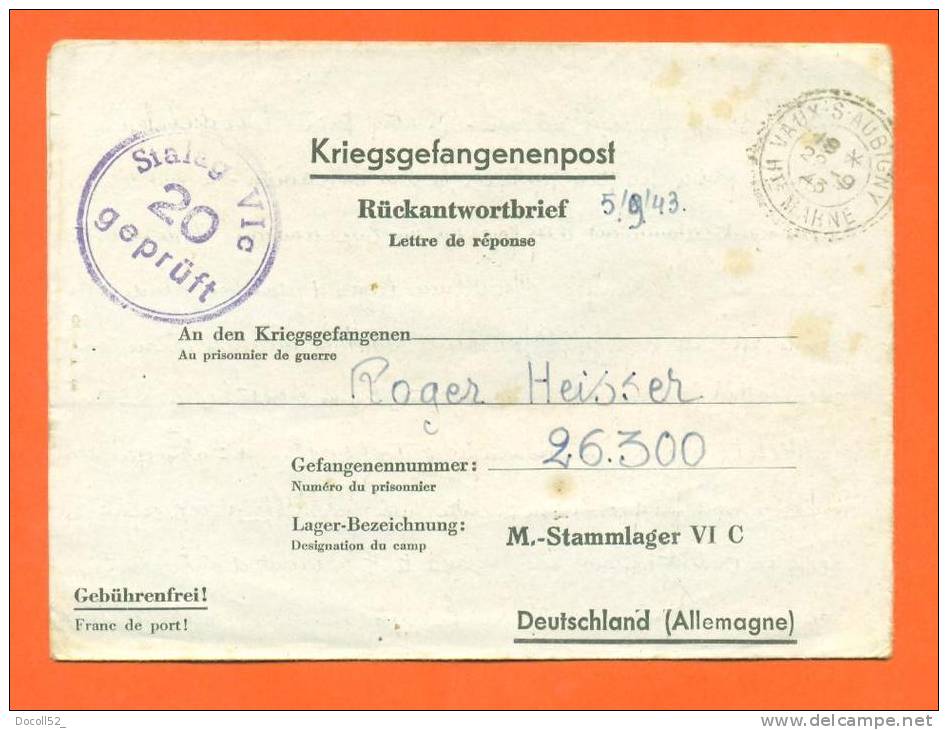 Carte Correspondance Prisonniers De Guerre - Lettre -  1943 Stalag VIC 20  -  Vaux Sous Aubigny - Haute Marne - WW II