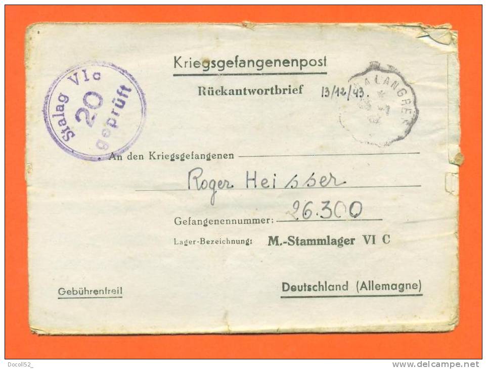 Carte Correspondance Prisonniers De Guerre - Lettre -  1943 Stalag VIC 20  - Vaux Sous Aubigny - Haute Marne - WW II