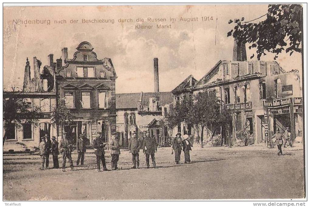 Neidenburg Kleiner Markt Nach Beschießung Russia Soldaten  Nidzica 18.8.1915 Feldpost Rechts Kaisers Kaffee Geschäft - Ostpreussen