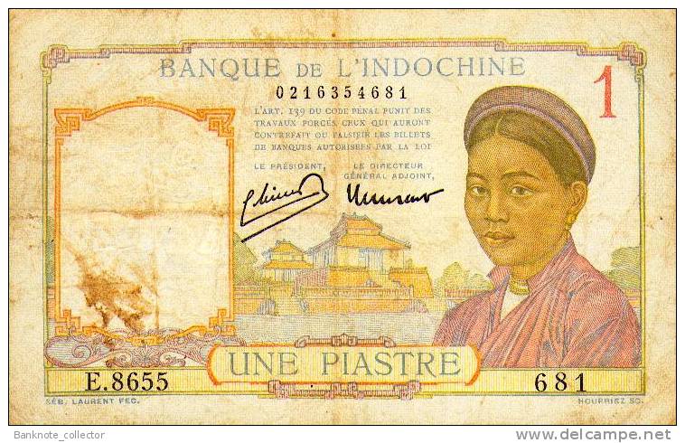 Indochina, Pick Nr. 54c,  Sign. 11,  1 Piastre, RARE ! - Indochina