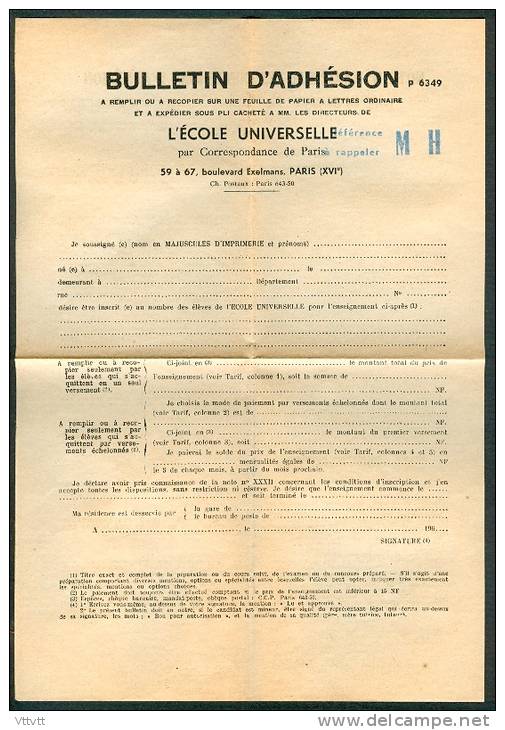 ECOLE UNIVERSELLE PAR CORRESPONDANCE, PARIS (1961) : Bulletion D´Adhésion (vierge), Recto-Verso... - Diplômes & Bulletins Scolaires