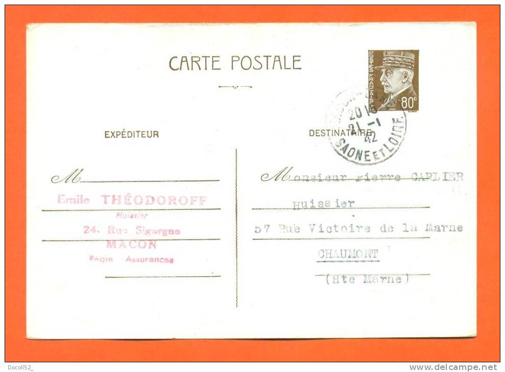 Entier Postal 1942 - 0 Fr 80 Petain - De Macon A Chaumont - Standard Postcards & Stamped On Demand (before 1995)