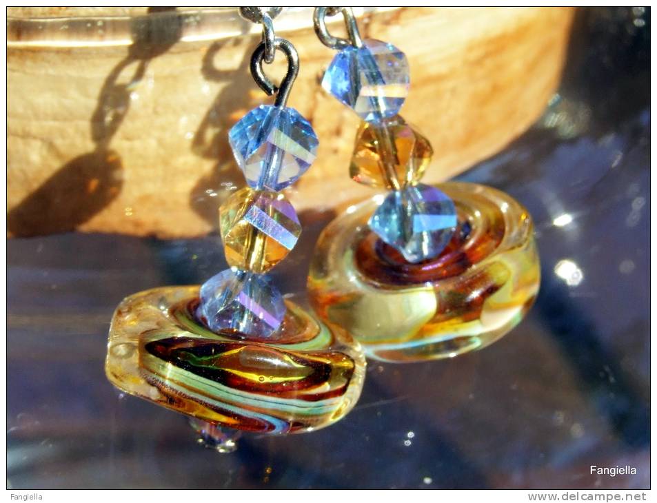Boucles D'oreilles Marron Bleu Verre Filé Au Chalumeau Perles Cristal  Hauteur Totale Environ 45mm - Earrings