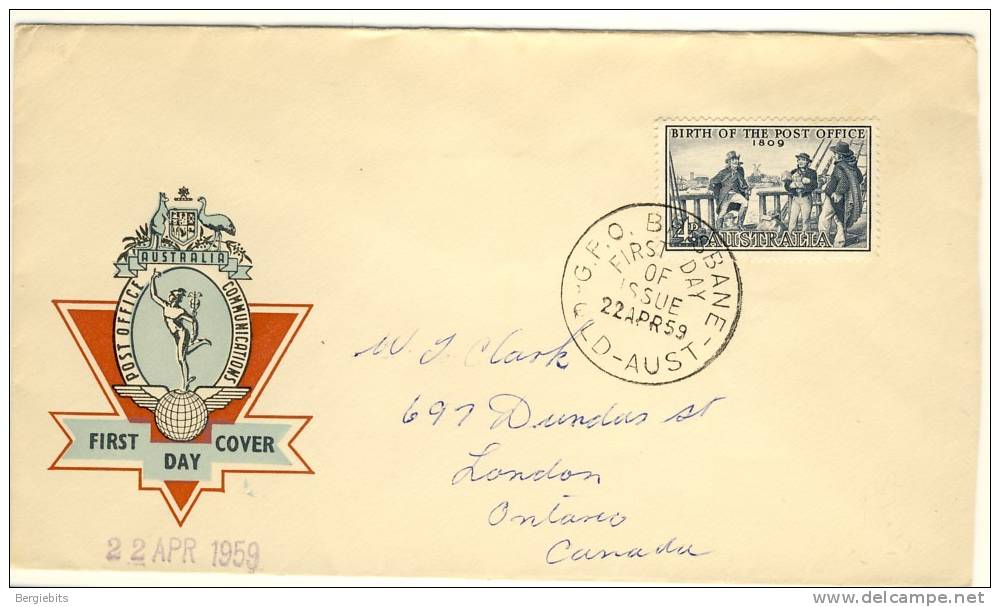 1959 Australia Cachet Post Office FDC With Complete Set Of 1  Stamp / 2 - Brieven En Documenten