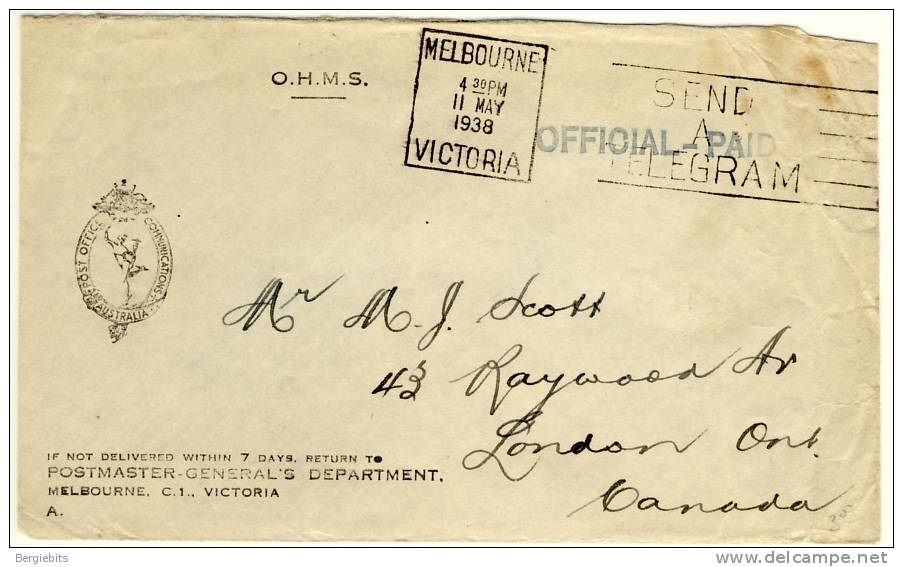 1938 Australia  O.H.M.S. Stampless Cover With Cachet And 3 Special Cancels, Scarce Item - Lettres & Documents