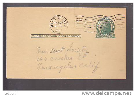 Postal Card - Thomas Jefferson - UX27 - Free Tract Society -   Waco, Texas  1937 - 1921-40
