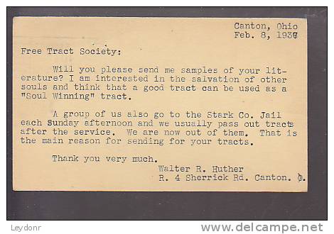 Postal Card - Thomas Jefferson - UX27 - Free Tract Society -   Canton, Ohio, 1937 - Postmarked -Buy U.S. Savings Bonds.. - 1921-40