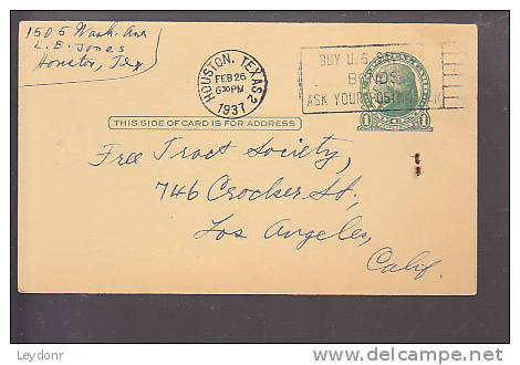 Postal Card - Thomas Jefferson - UX27 - Free Tract Society -   Houseton, TX, 1937 - Postmarked -Buy U.S. Savings Bonds.. - 1921-40