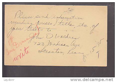 Postal Card - Thomas Jefferson - UX27 - Free Tract Society -   Scranton, PA, 1935 - Postmarked -Buy U.S. Savings Bonds.. - 1921-40
