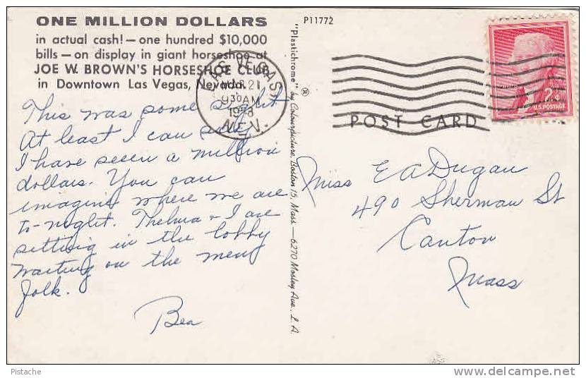 Joe W. Brown´s Horseshoe Club - Million Dollars - Las Vegas - 2 Scans - Stamp & Postmark 1958 - Las Vegas