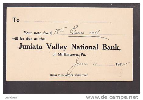 Postal Card - McKinley - 1912 - Juniata Valley National Bank Of Mifflintown, PA - 1901-20