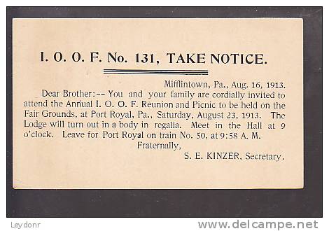 Postal Card - McKinley - 1913 -I. O. O. F. No. 131, Take Notice - Mifflintown, PA. - 1901-20