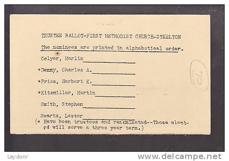 Postal Card - Martha Washington, Steelton, PA - Trustee Ballot First Methodist Church Steelton - 1921-40