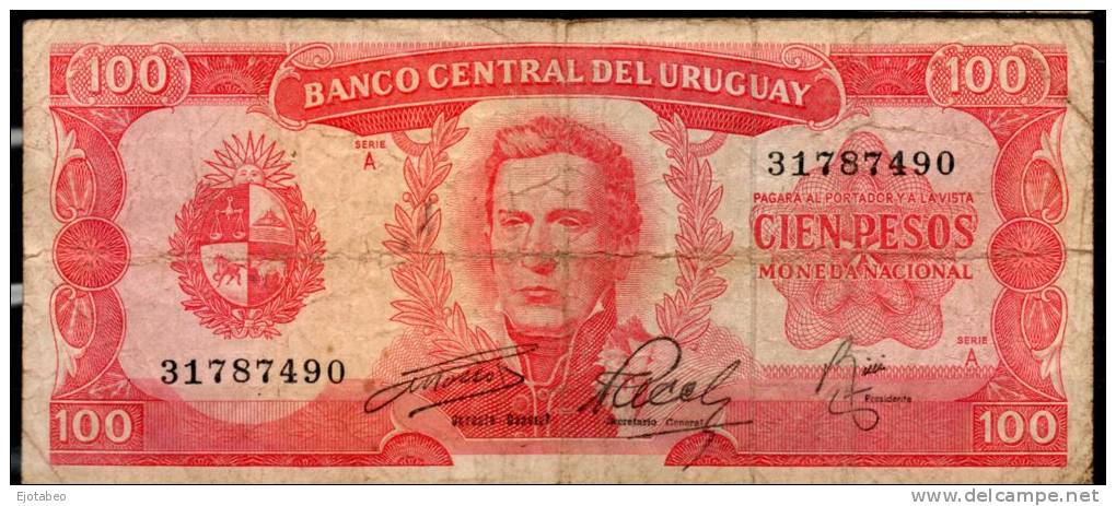 28 URUGUAY -1967 Billetes Emitidos  Por El Bco Central Por  100.00 PesosSerie  A  (Ver Foto) - Uruguay