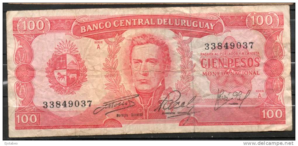 30 URUGUAY -1967 Billetes Emitidos  Por El Bco Central Por  100.00 PesosSerie  A  (Ver Foto) - Uruguay