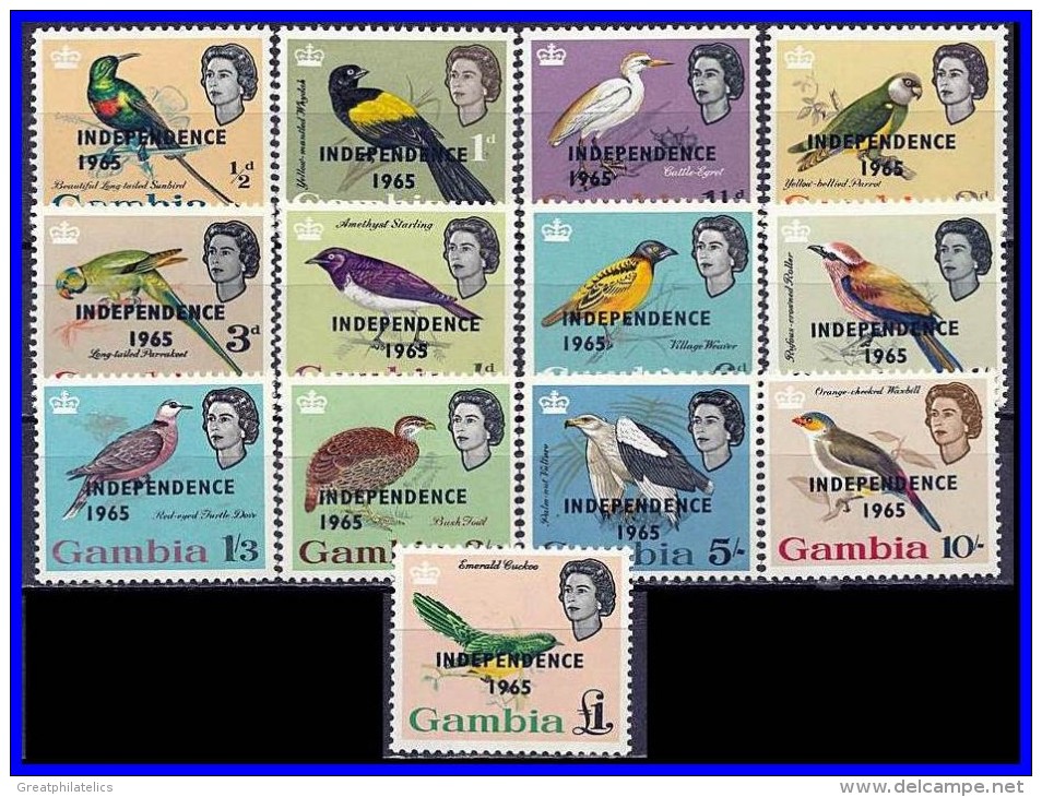 GAMBIA 1965 INDEPENDENCE O/PRINT ON BIRDS ISSUE SC# 193-205 VF MNH - Gambia (1965-...)