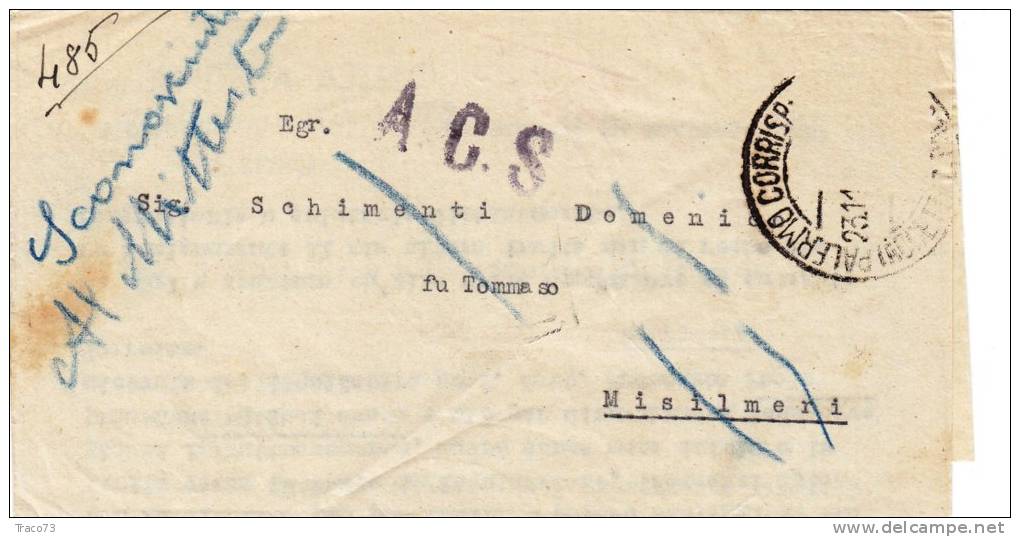 A.C.S.  20.11.1944 /  Palermo - Misilmeri - Biglietto Ancora Chiuso - Affrancatura Mancante - Storia Postale