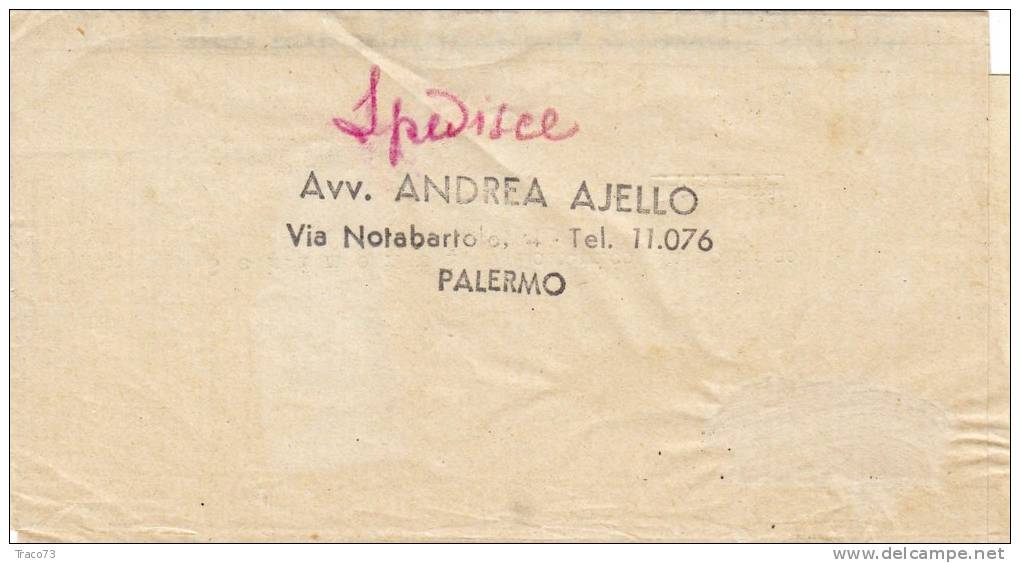 A.C.S.  20.11.1944 /  Palermo - Misilmeri - Biglietto Ancora Chiuso - Affrancatura Mancante - Storia Postale