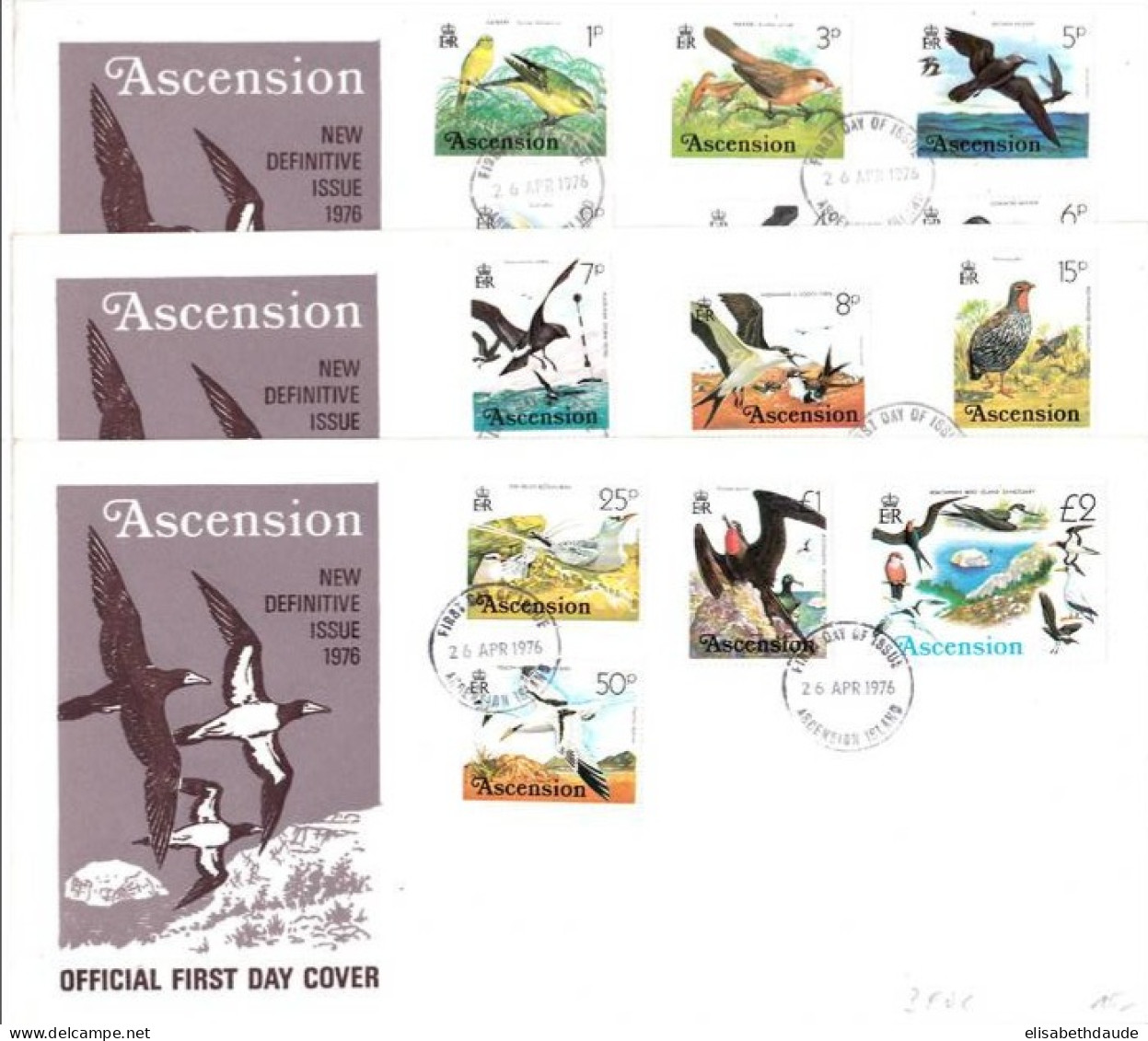 ASCENSION - 1976 - 3 ENVELOPPES FDC SERIE COMPLETE 16 VALEURS - THEME : OISEAUX - FORTE COTE CATALOGUE - Ascensión