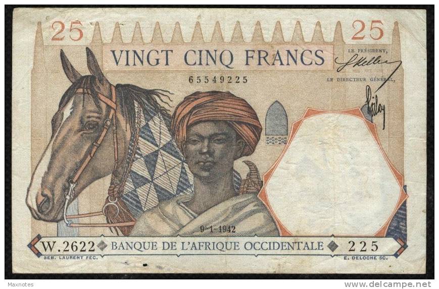 AFRIQUE OCCIDENTALE  (French West Africa)  :  25 Francs - 1942 - P27 - Estados De Africa Occidental