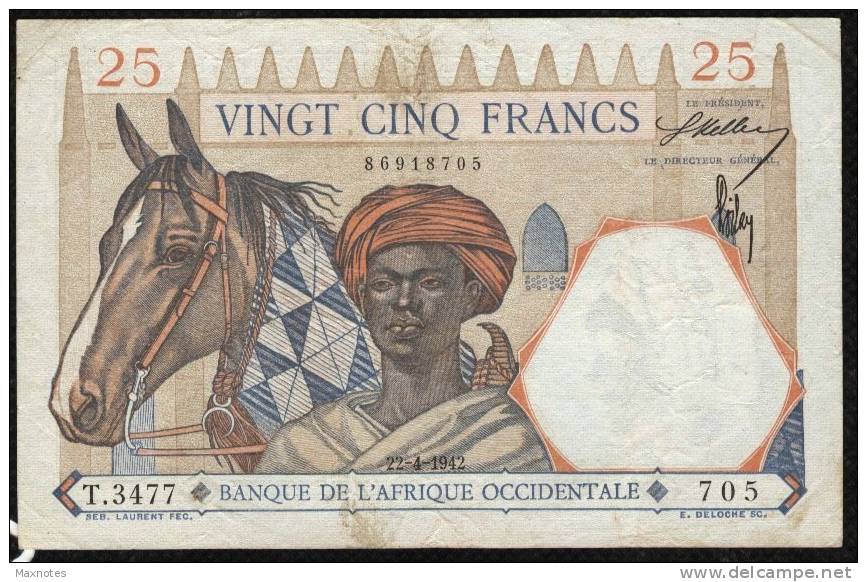 AFRIQUE OCCIDENTALE  (French West Africa) :  25 Francs - 1942 - P27 - Stati Dell'Africa Occidentale