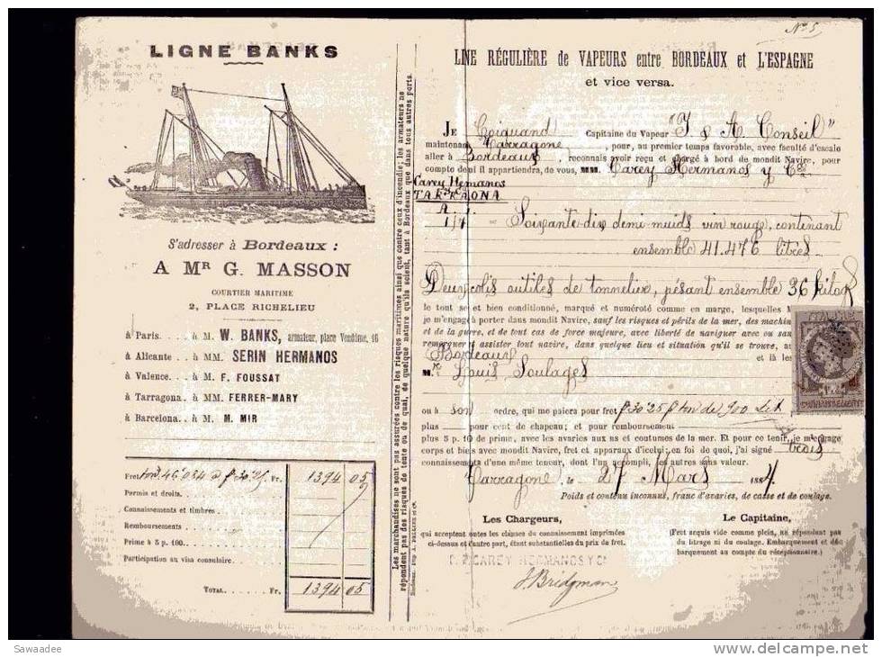 RECU - TRANSPORT-LIGNE REGULIERE DE VAPEURS ENTRE BORDEAUX ET L´ESPAGNE - VIN ROUGE - 27/03/1884 - Transportmiddelen