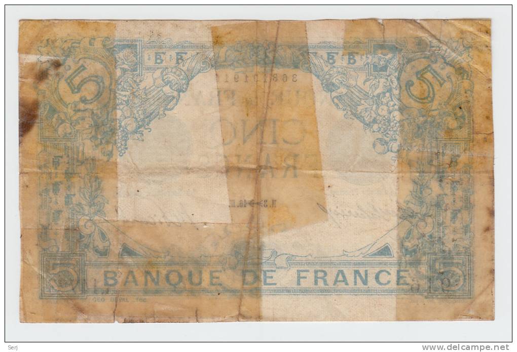France 5 Francs 1916 "VG" RARE Banknote P 70 - 5 F 1912-1917 ''Bleu''