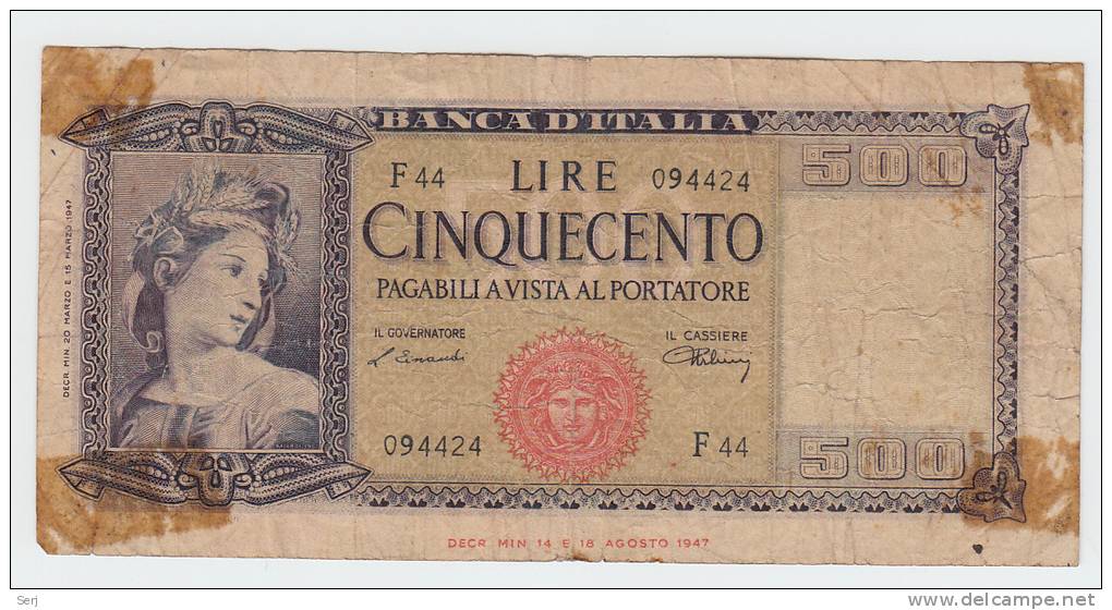 Italy 500 Lire 1947 VG+ Banknote P 80a  80 A - 500 Liras