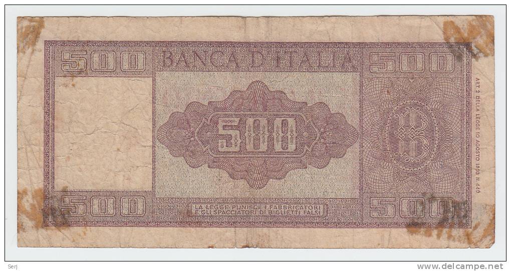 Italy 500 Lire 1947 VG+ Banknote P 80a  80 A - 500 Liras