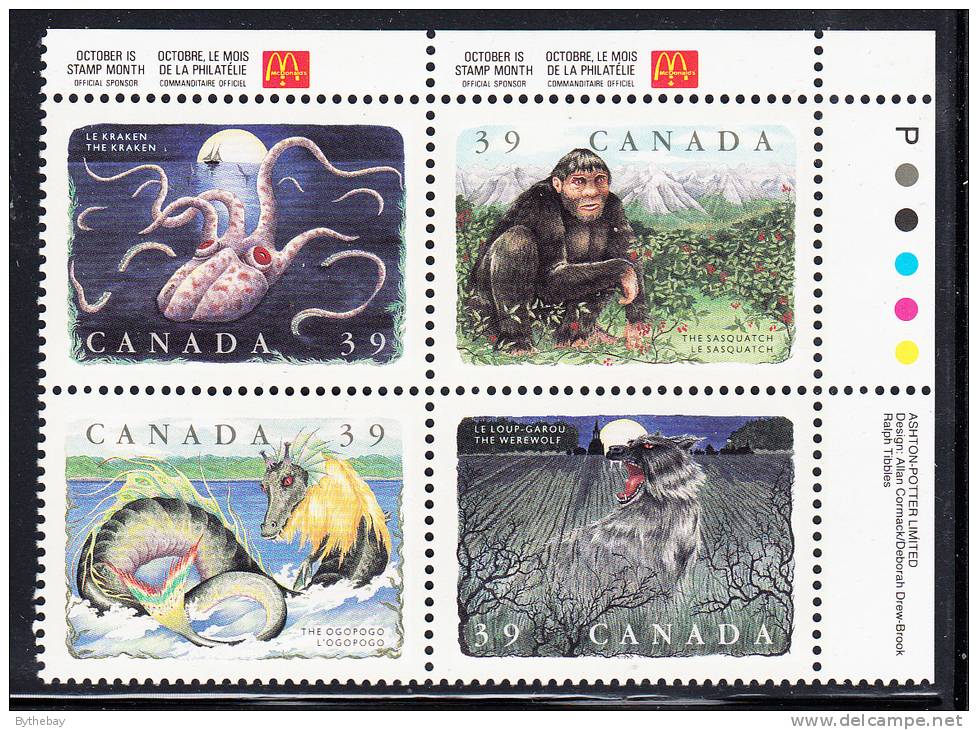 Canada Scott #1292d MNH 39c Legendary Creatures Upper Right Inscription Block - Plattennummern & Inschriften