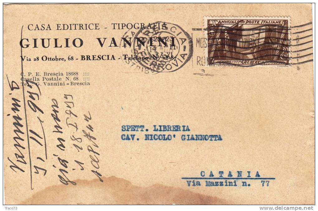 BRESCIA / CATANIA  - Card / Cartolina Pubbl.  - Firma - " Giulio Vannini - Casa Editr." - Annuale Poste C. 30 Isolato - Reclame