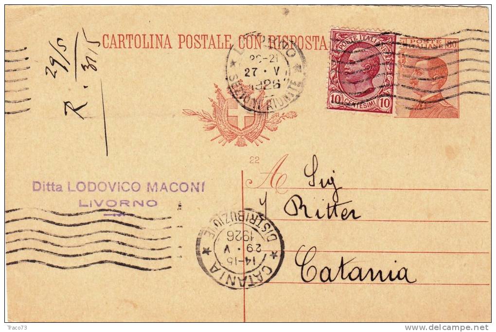 LIVORNO  / CATANIA  - Intero Postale Michetti Da Cent. 30 + 10 Leoni - "Ditta Ludovico Maconi" - Publicité