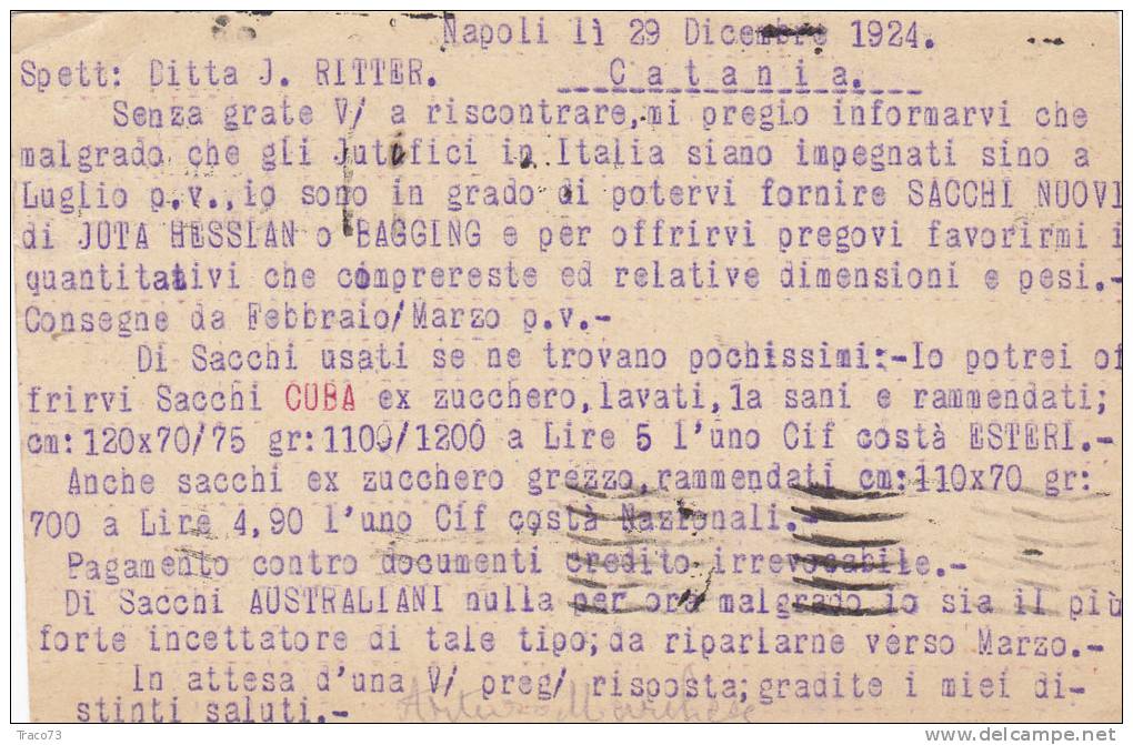 NAPOLI  / CATANIA  - 29.12.1924 - Intero Postale Michetti Da Cent. 30 - Interi Postali