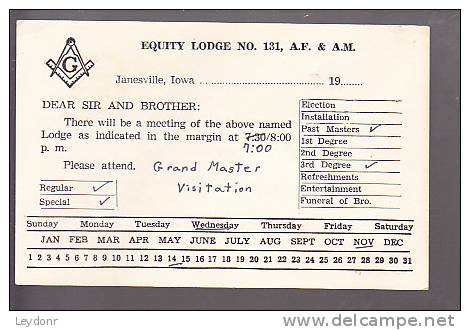 Postal Card - John Hancock - Equity Lodge No. 131, A.F. &amp; A.M. Janesville, Iowa - 1961-80