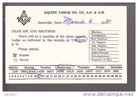 Postal Card - John Hancock - Equity Lodge No. 131, A.F. &amp; A.M. Janesville, Iowa - 1961-80
