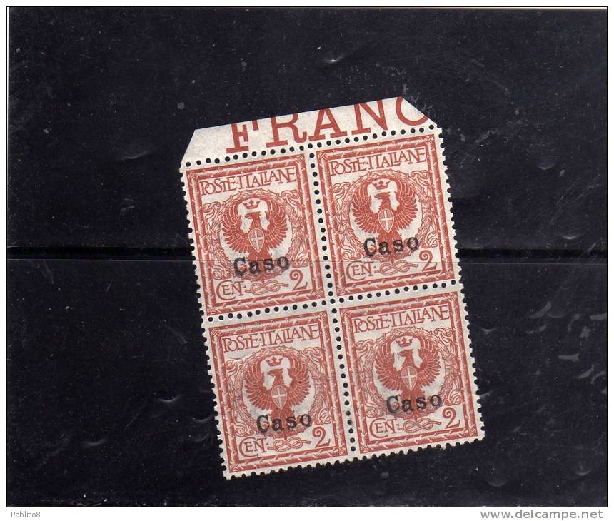 EGEO 1912 CASO ITALY OVERPRINTED SOPRASTAMPATO D'ITALIA CENT. 2 C MNH QUARTINA BLOCK OTTIMA CENTRATURA - Egée (Caso)